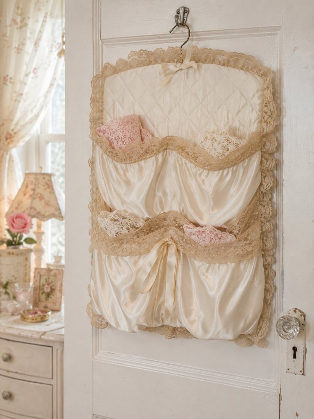 Vintage 1950s Satin Lace Lingerie Organizer – Ivory Hanging Boudoir Storage